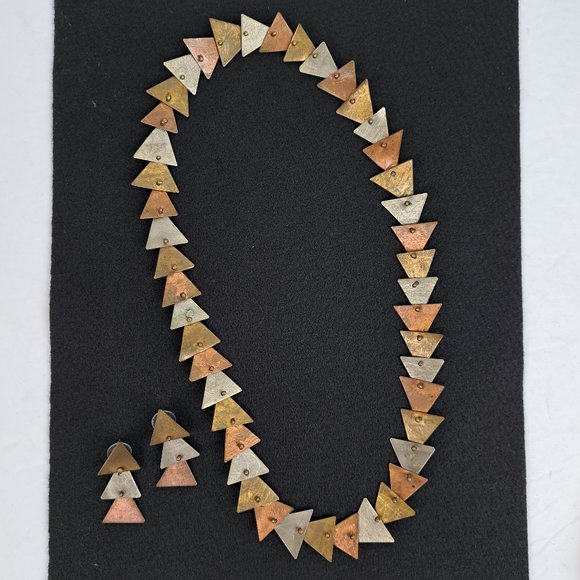 Vintage Mixed Metal Necklace & Earrings Triangle Shape Metal Pieces - Picture 4 of 16